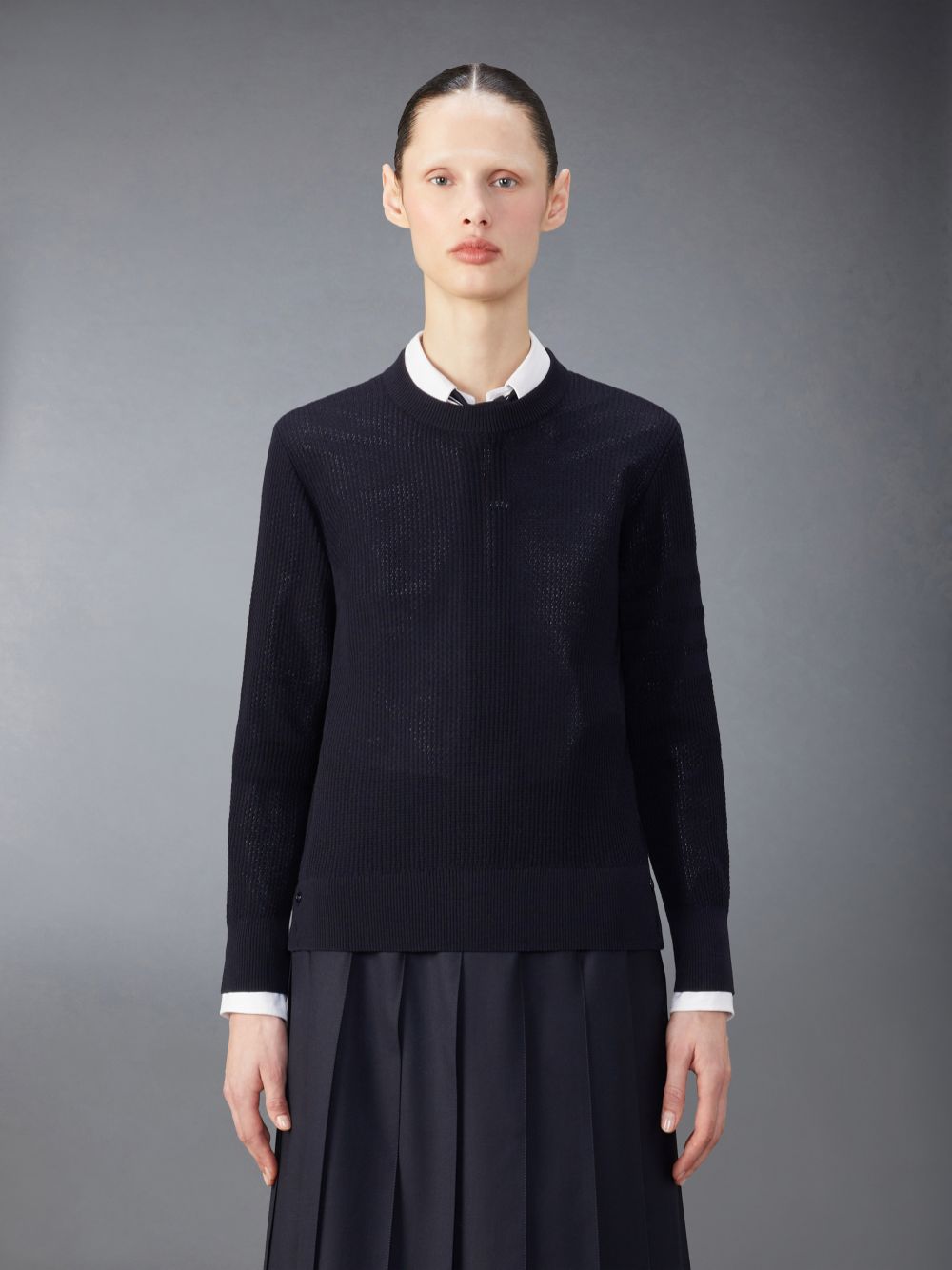 Thom Browne Wool Crepe 4-Bar Relaxed Fit Women Pullover Blue | XXF06V50696