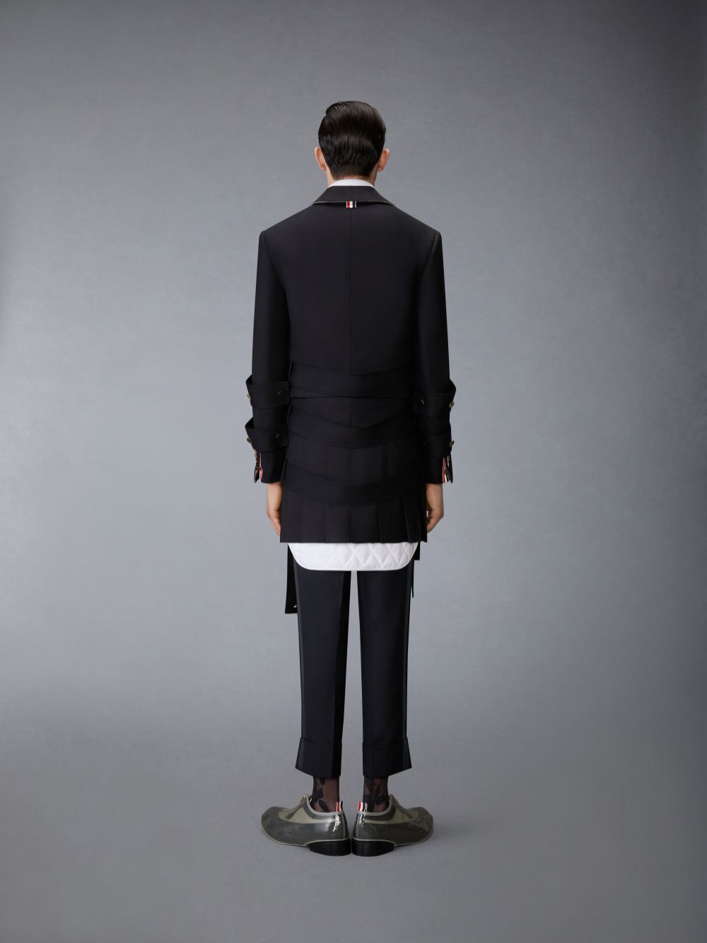 Thom Browne Wool Flannel All in One Modular Bal Collar With Mini Pleated Skirt and Silk Faille Lapel Men Coats Black | KUE62K46983