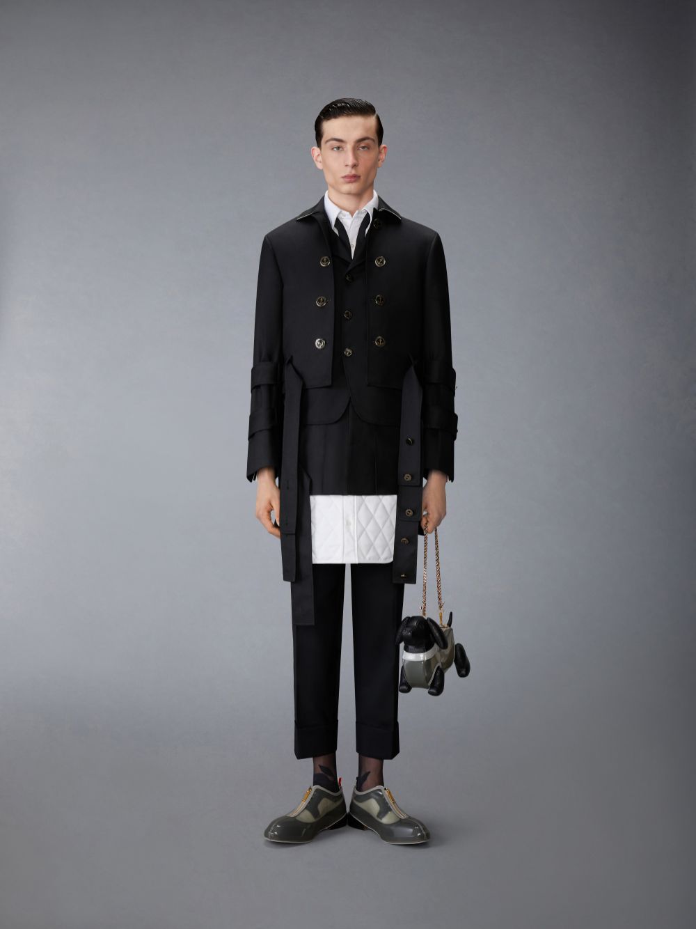 Thom Browne Wool Flannel All in One Modular Bal Collar With Mini Pleated Skirt and Silk Faille Lapel Men Coats Black | KUE62K46983