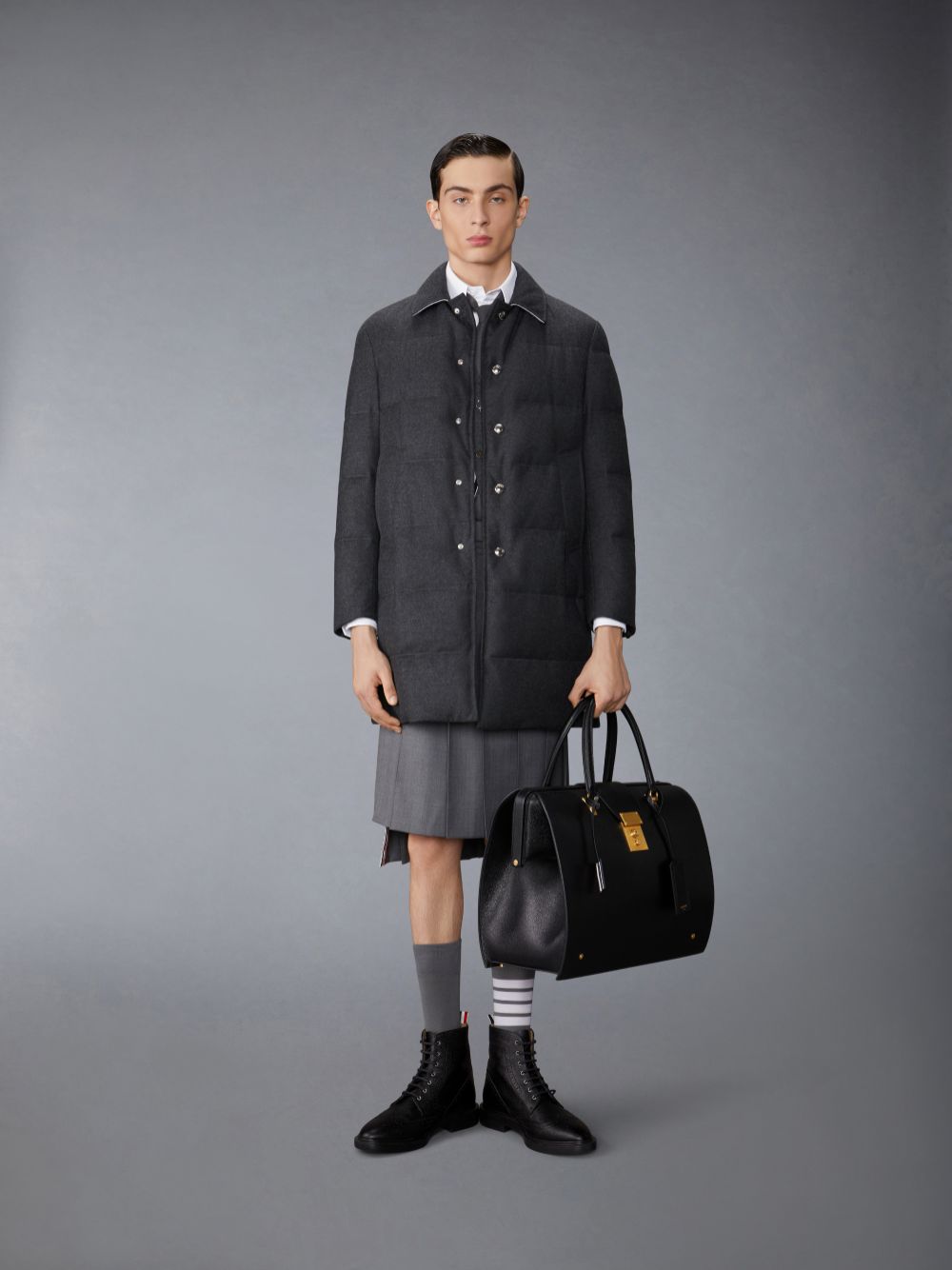 Thom Browne Wool Flannel Down Fill Classic Bal Collar Men Coats Grey | MQE44L18799