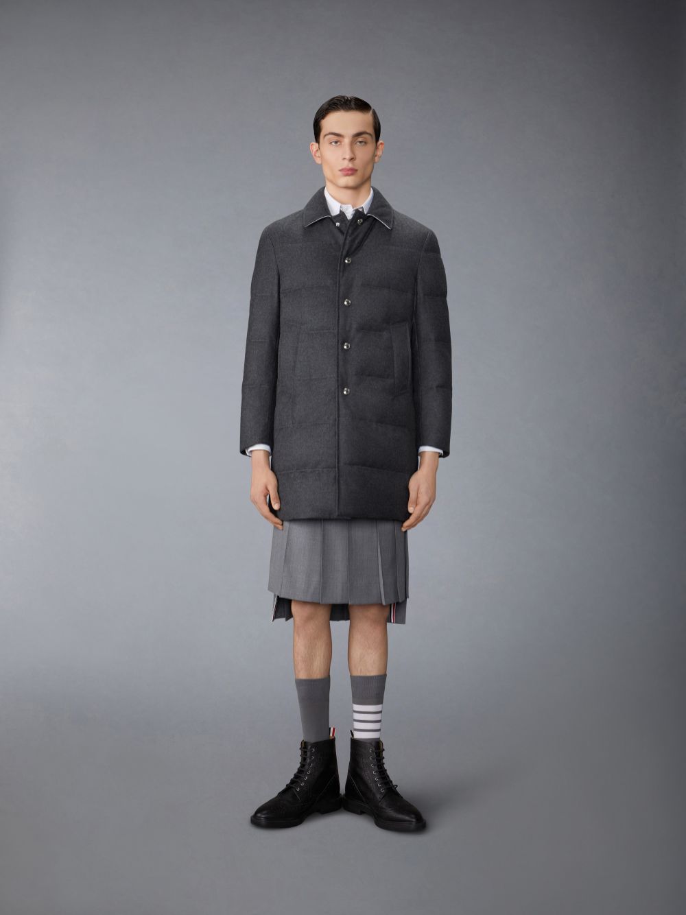 Thom Browne Wool Flannel Down Fill Classic Bal Collar Men Coats Grey | MQE44L18799