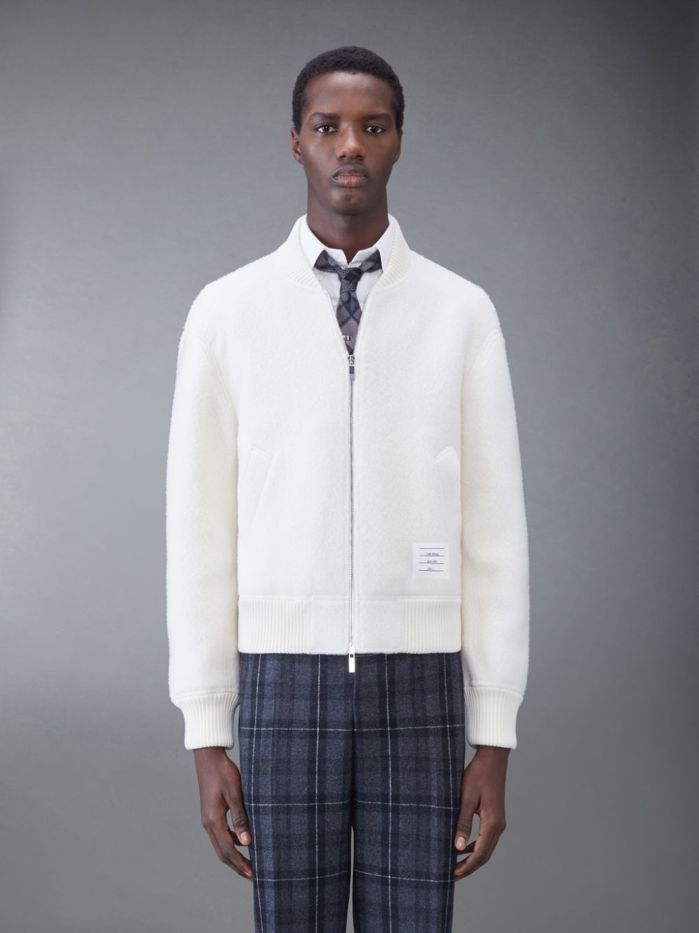 Thom Browne Wool Fleece Stripe Bomber Men Jackets White | VGQ55A83293