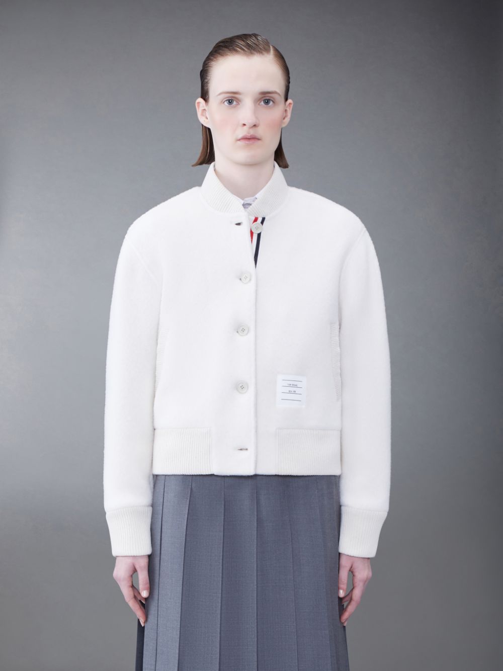 Thom Browne Wool Fleece Stripe Bomber Women Jackets White | LKF01H86481