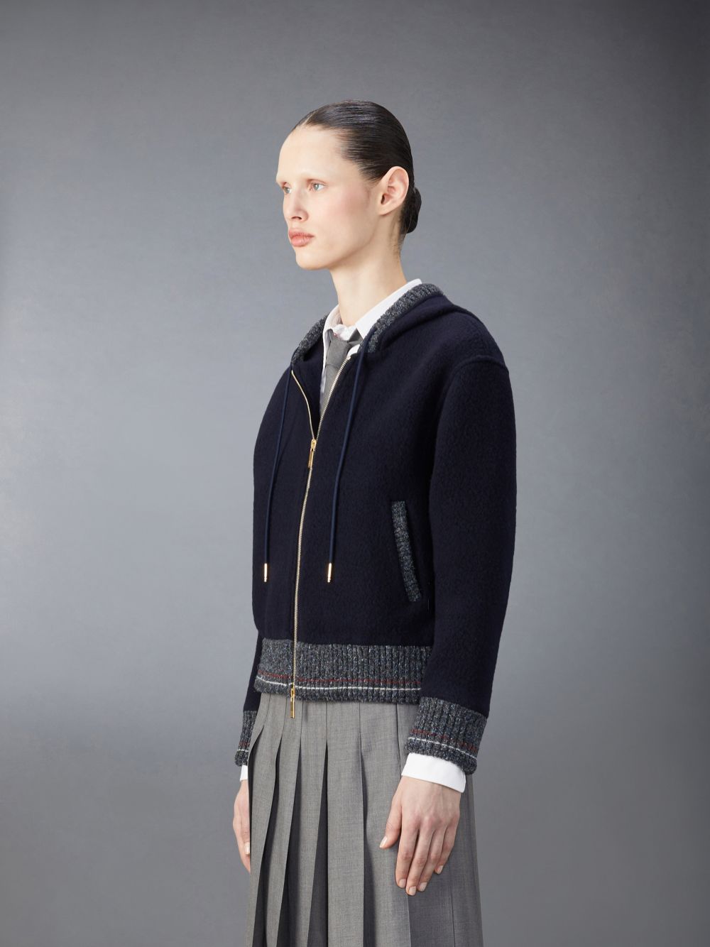 Thom Browne Wool Fleece Zip up Women Hoodie Blue | EOB35G52002