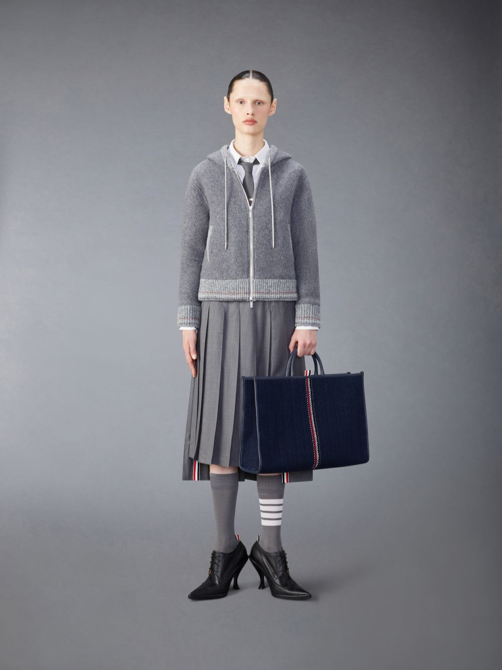 Thom Browne Wool Fleece Zip up Women Hoodie Grey | UEX87S46984