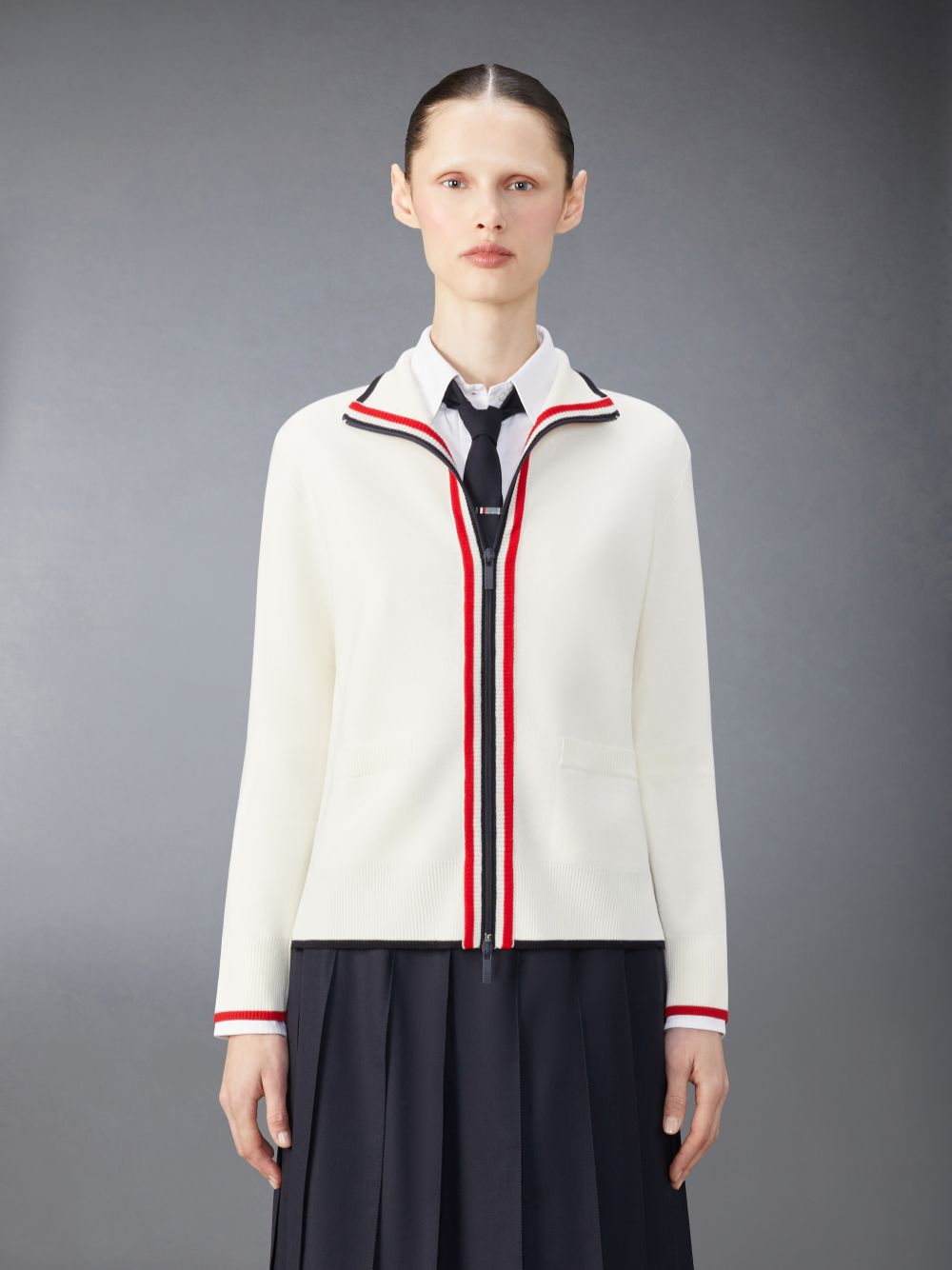 Thom Browne Wool Funnel Neck Full Zip Women Cardigan White | ICG72L70908