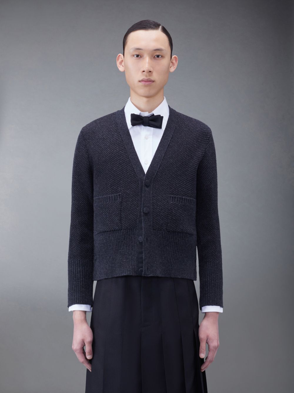 Thom Browne Wool Jacquard V-Neck Men Cardigan Grey | AJC47A20918