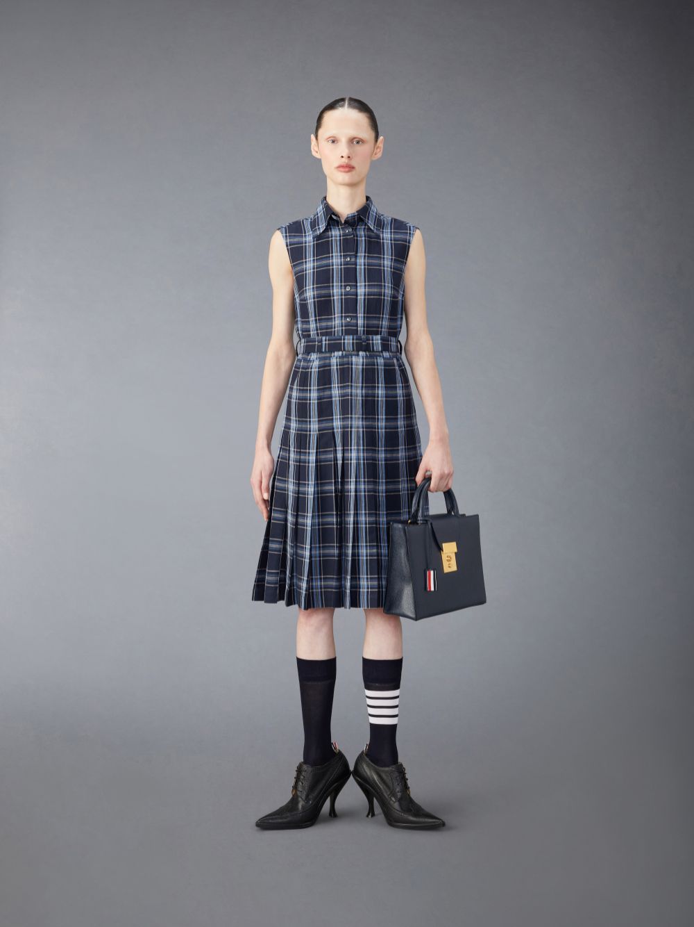 Thom Browne Wool Linen Midi Belted Women Dress Blue | QNU63G18583