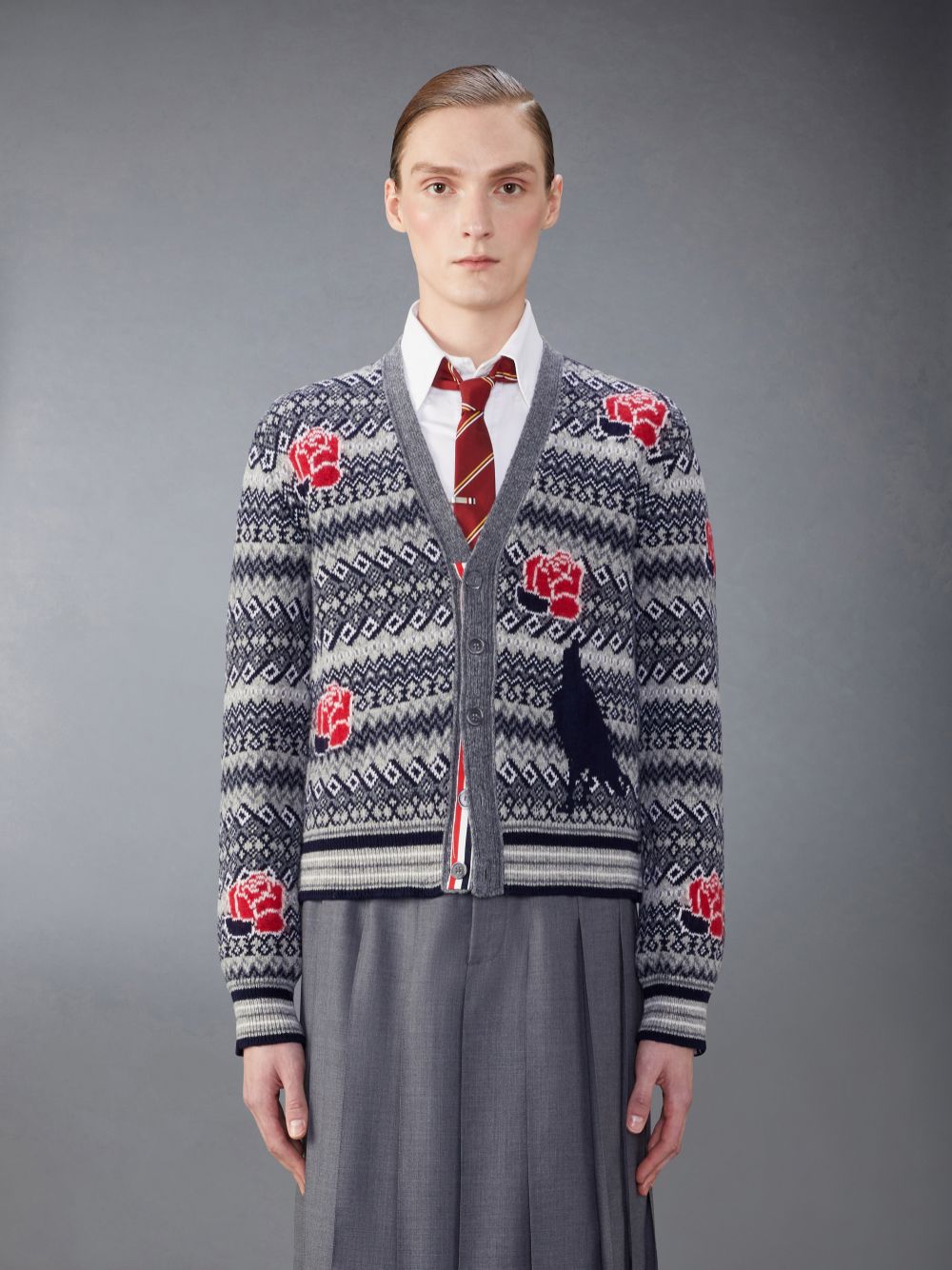 Thom Browne Wool Mohair Rose and Raven Men Cardigan Grey | BRG92Z11057