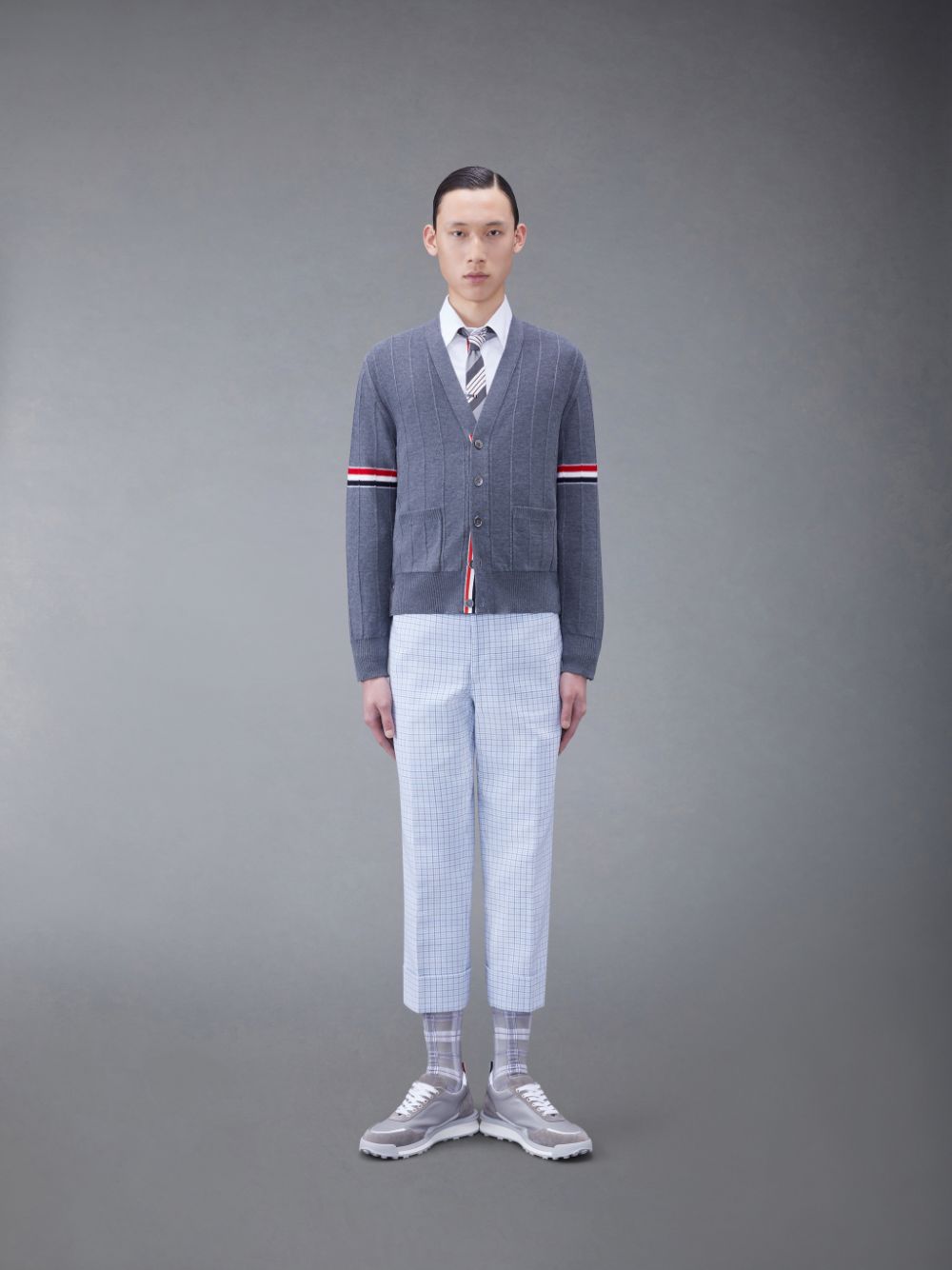 Thom Browne Wool Relaxed V-Neck Armband Men Cardigan Grey | FYL11N63188