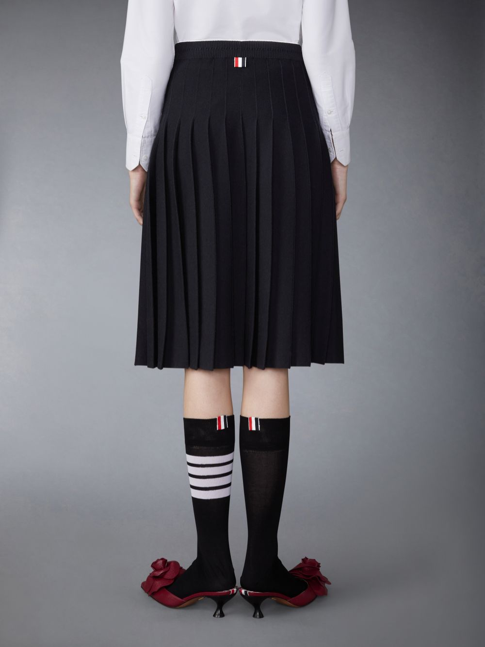 Thom Browne Wool Silk Blend Tipping Cable Waistband Midi Pleated Women Skirts Black | BPV07F23533