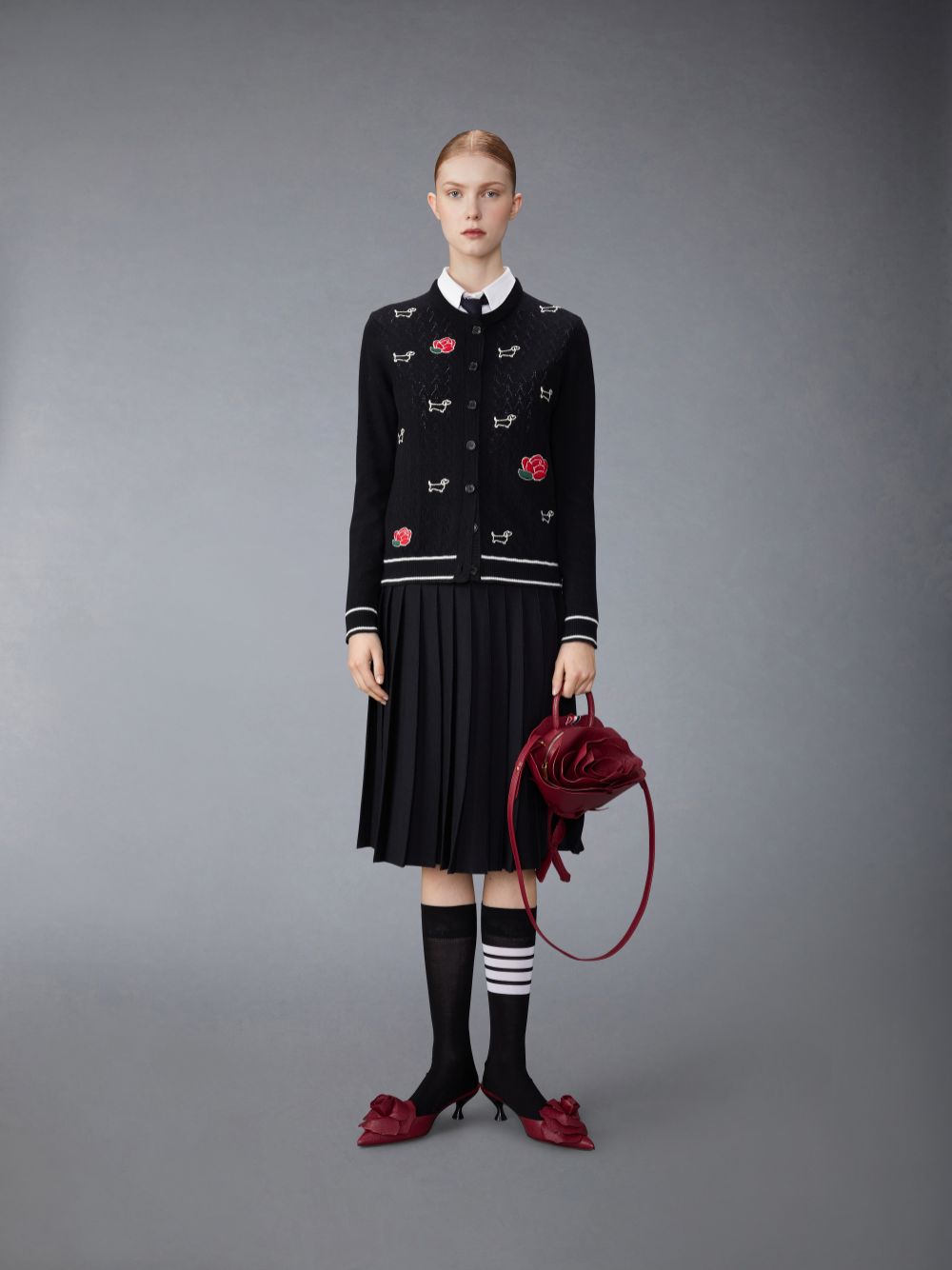 Thom Browne Wool Silk Blend Tipping Cable Waistband Midi Pleated Women Skirts Black | BPV07F23533