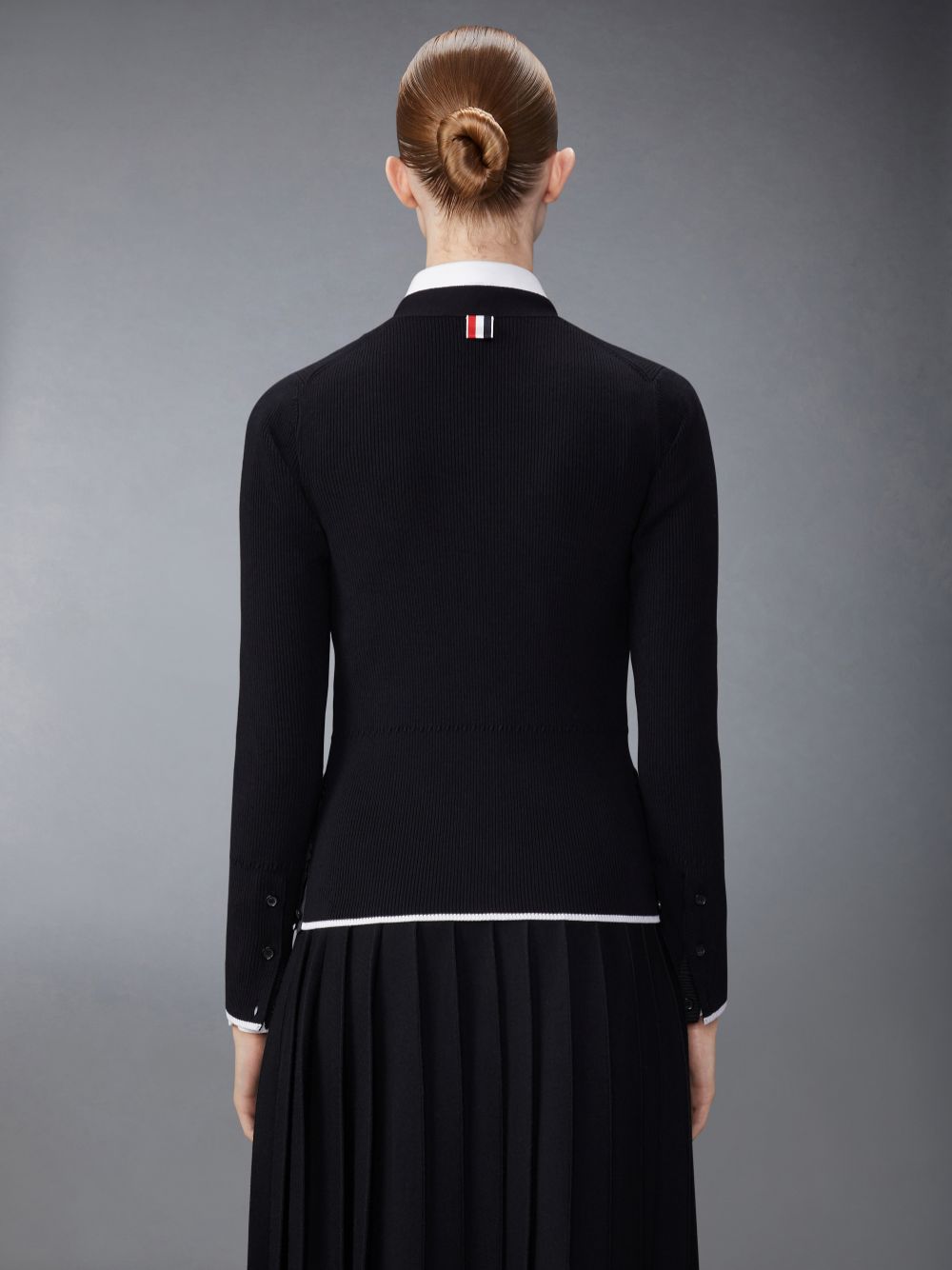 Thom Browne Wool Silk Blend Tipping Rib Stitch Cable Women Cardigan Black | NBI30S70973