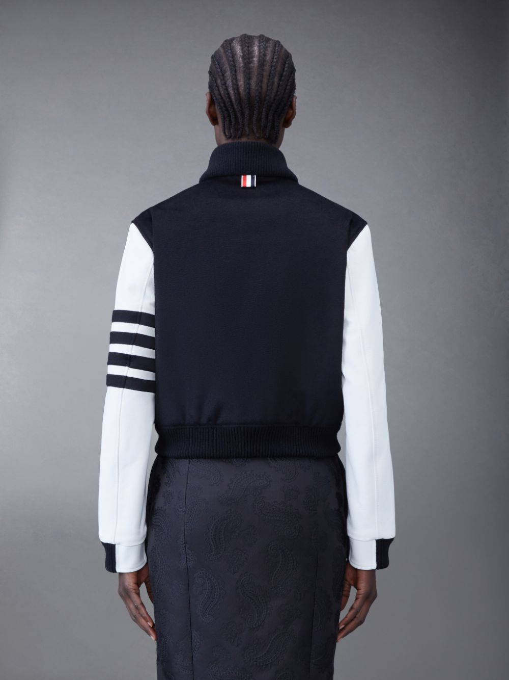 Thom Browne Zibeline Cashmere Leather Sleeve Cropped Varsity Women Jackets Black | AKS03B62786