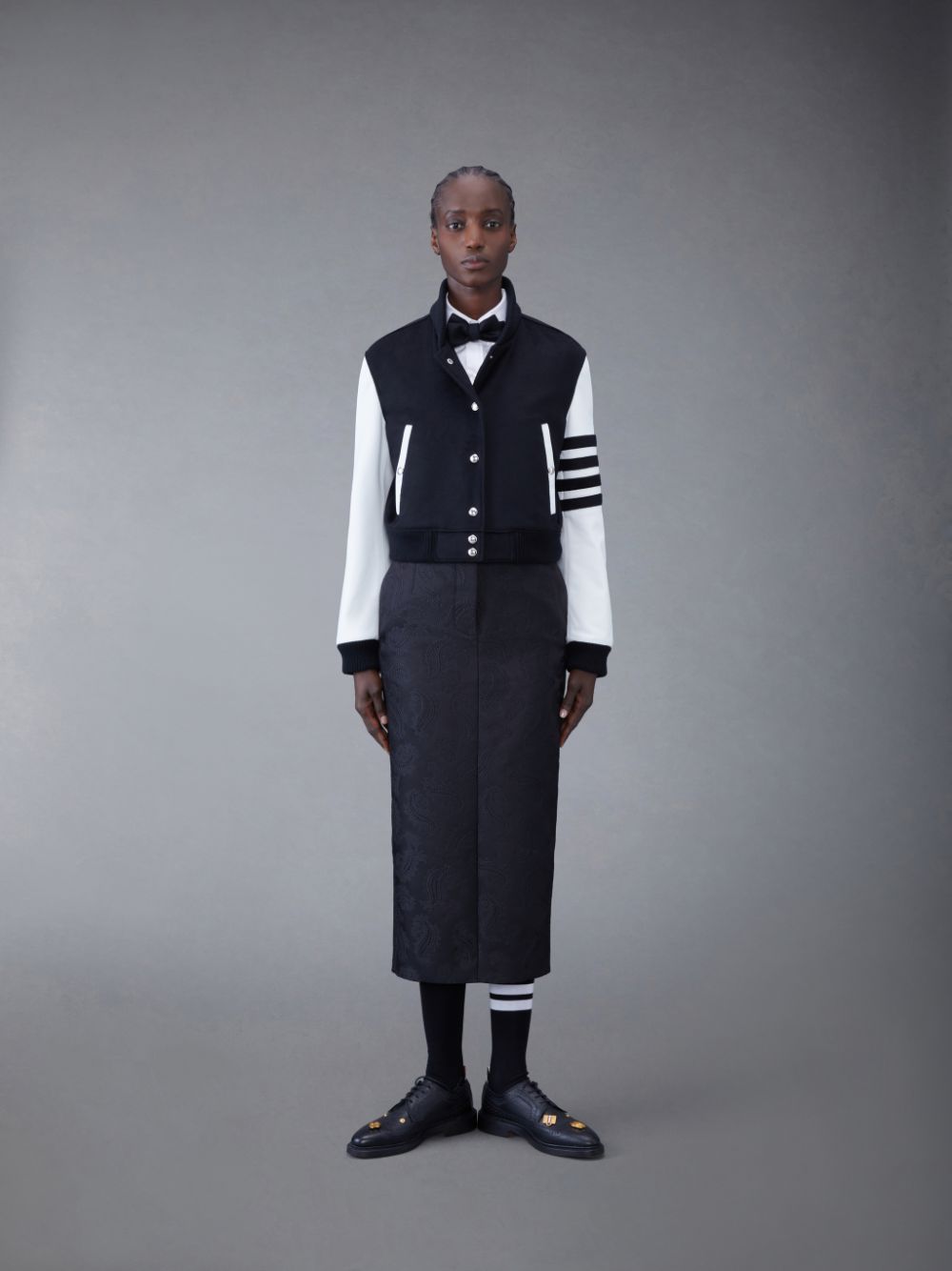 Thom Browne Zibeline Cashmere Leather Sleeve Cropped Varsity Women Jackets Black | AKS03B62786