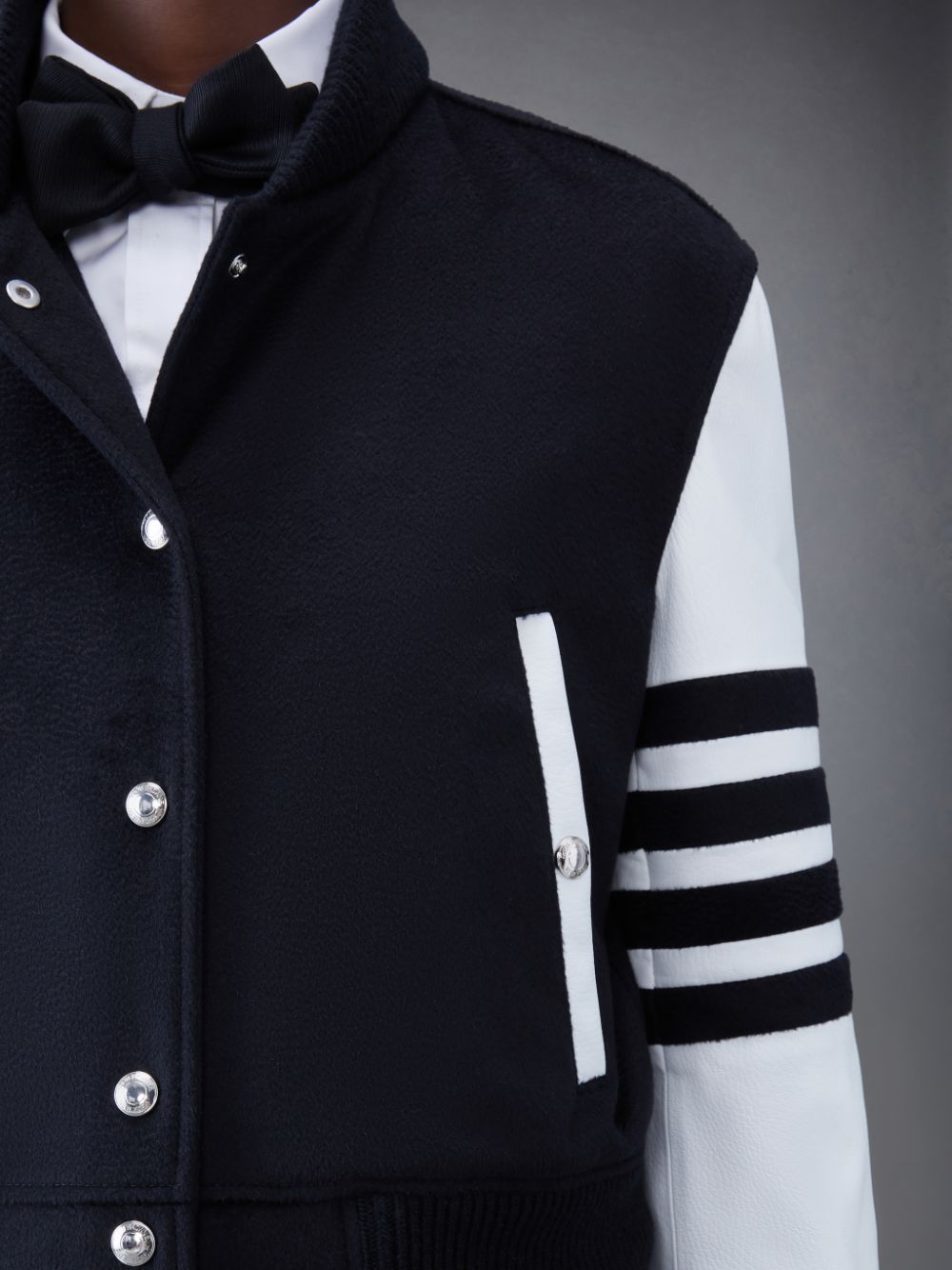 Thom Browne Zibeline Cashmere Leather Sleeve Cropped Varsity Women Jackets Black | AKS03B62786