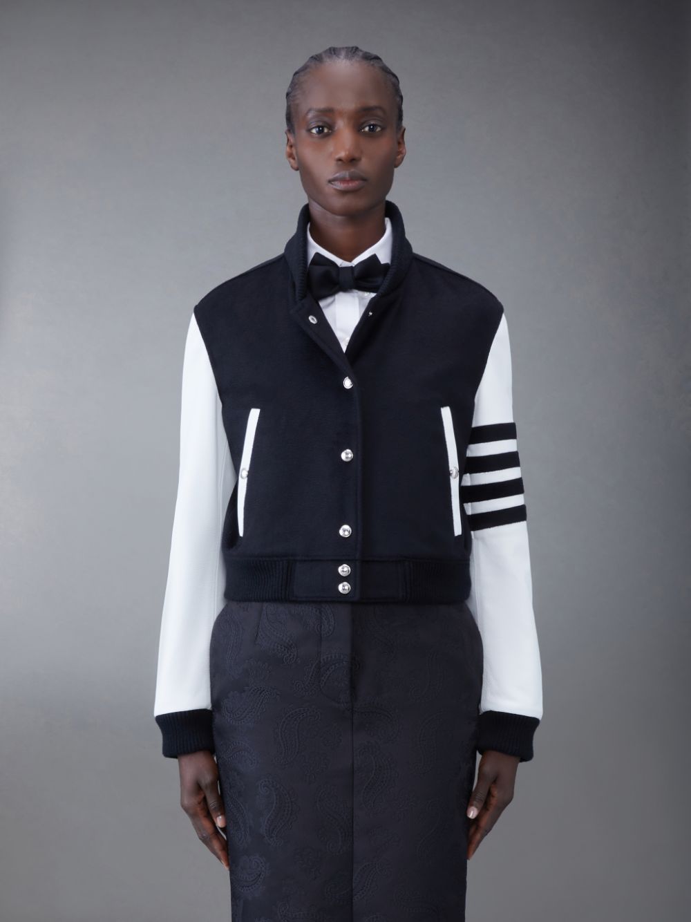 Thom Browne Zibeline Cashmere Leather Sleeve Cropped Varsity Women Jackets Black | AKS03B62786